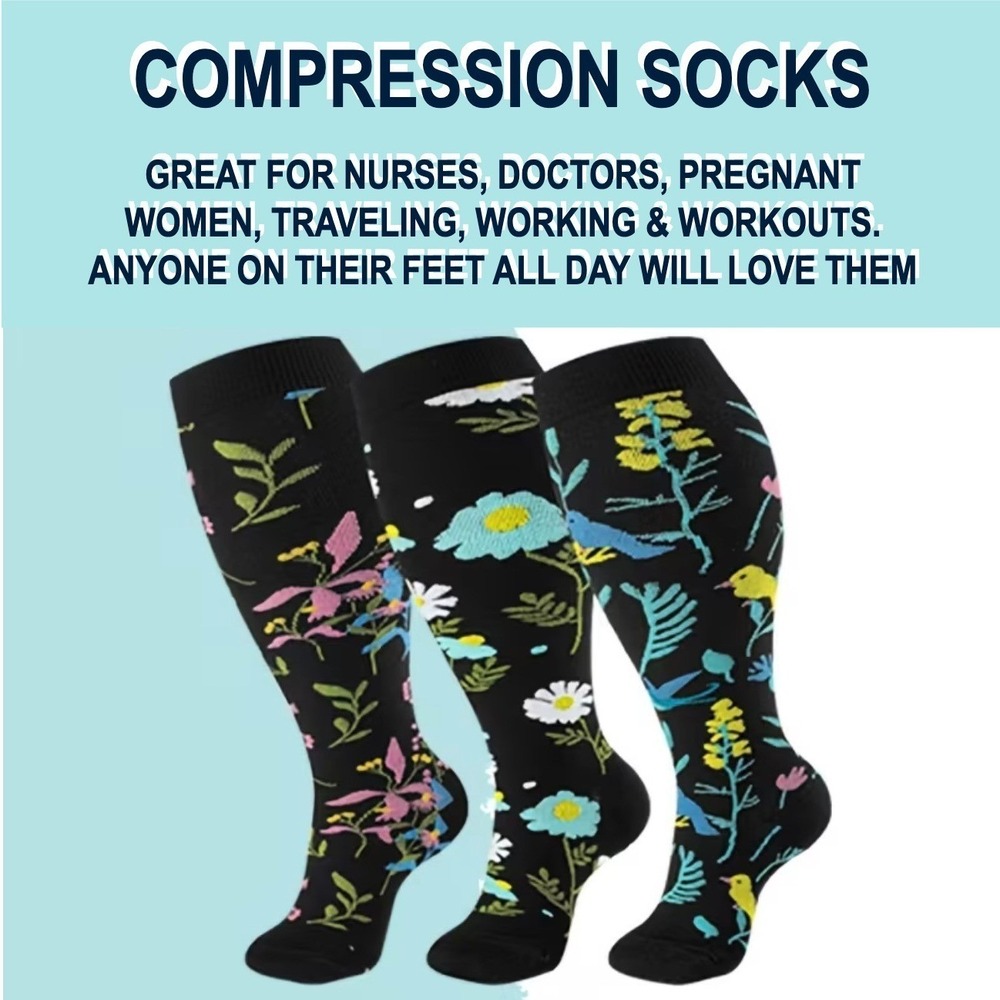 Unisex 15-20 mmHg Compression Socks 2XL Floral Knee High Medical Black 3‎ Pack